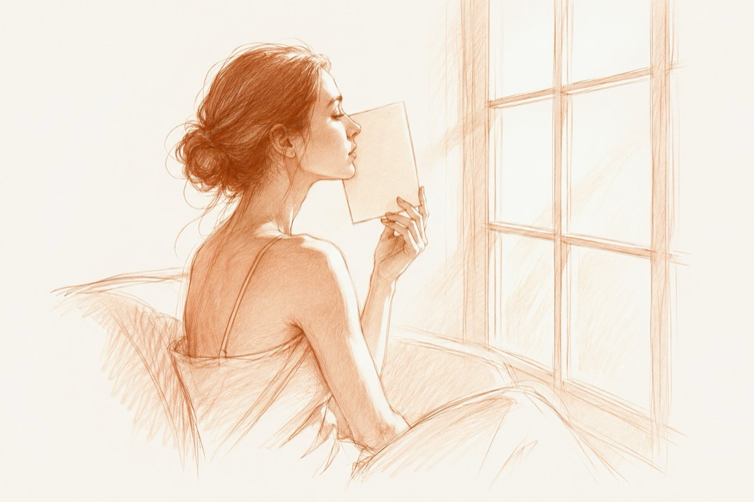 Pencil drawing of a woman holding a white sheet beside a window