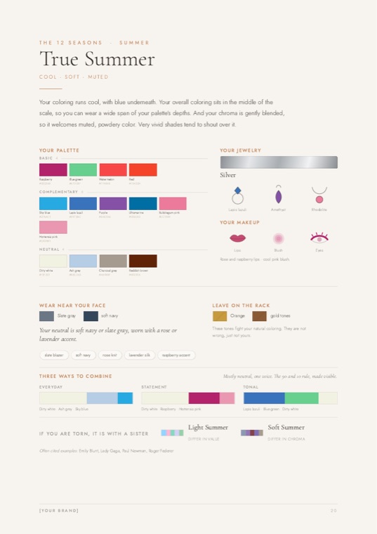 A template page: the True Summer client page with palette, jewelry and makeup